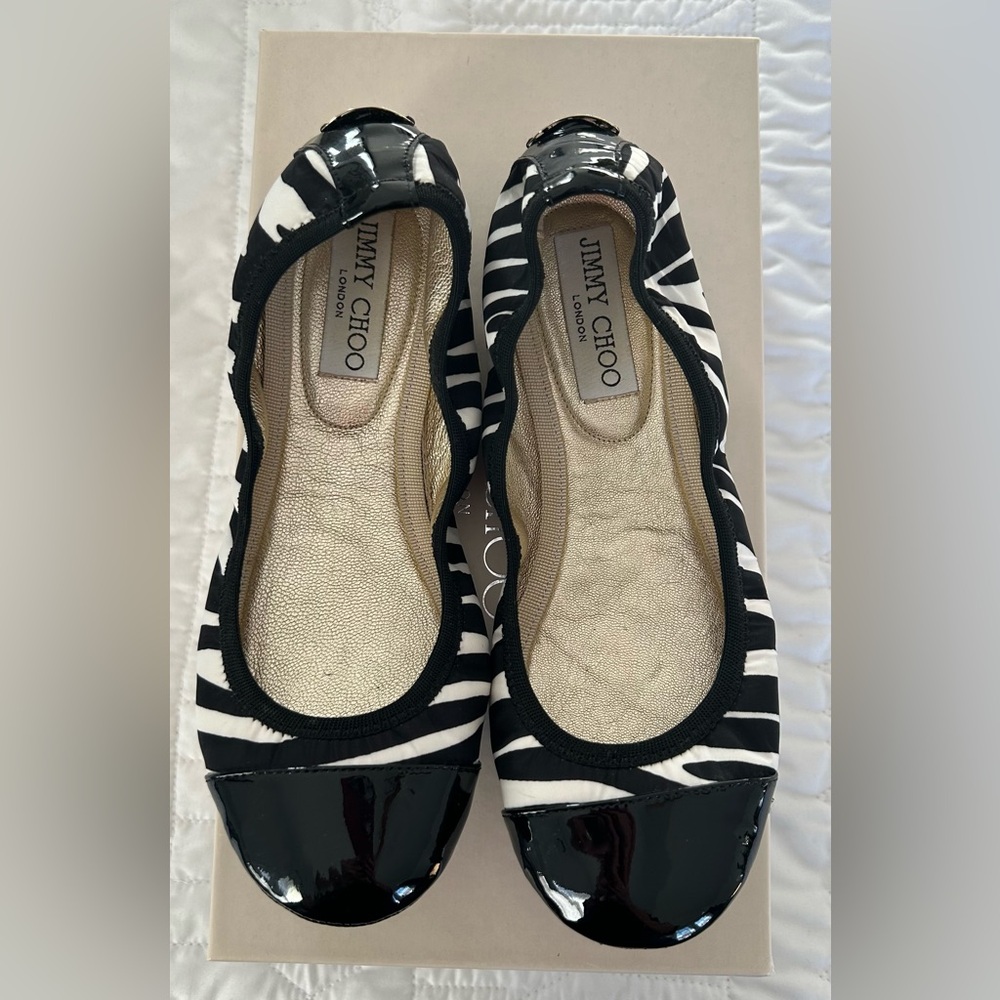 Jimmy Choo Wiley Zebra Print Nylon and Patent Leather Ballet Black/White Flats